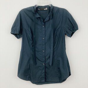 Love Moschino Short Sleeve Secretary Blouse Size 10 Button Up Neck Tie Cotton